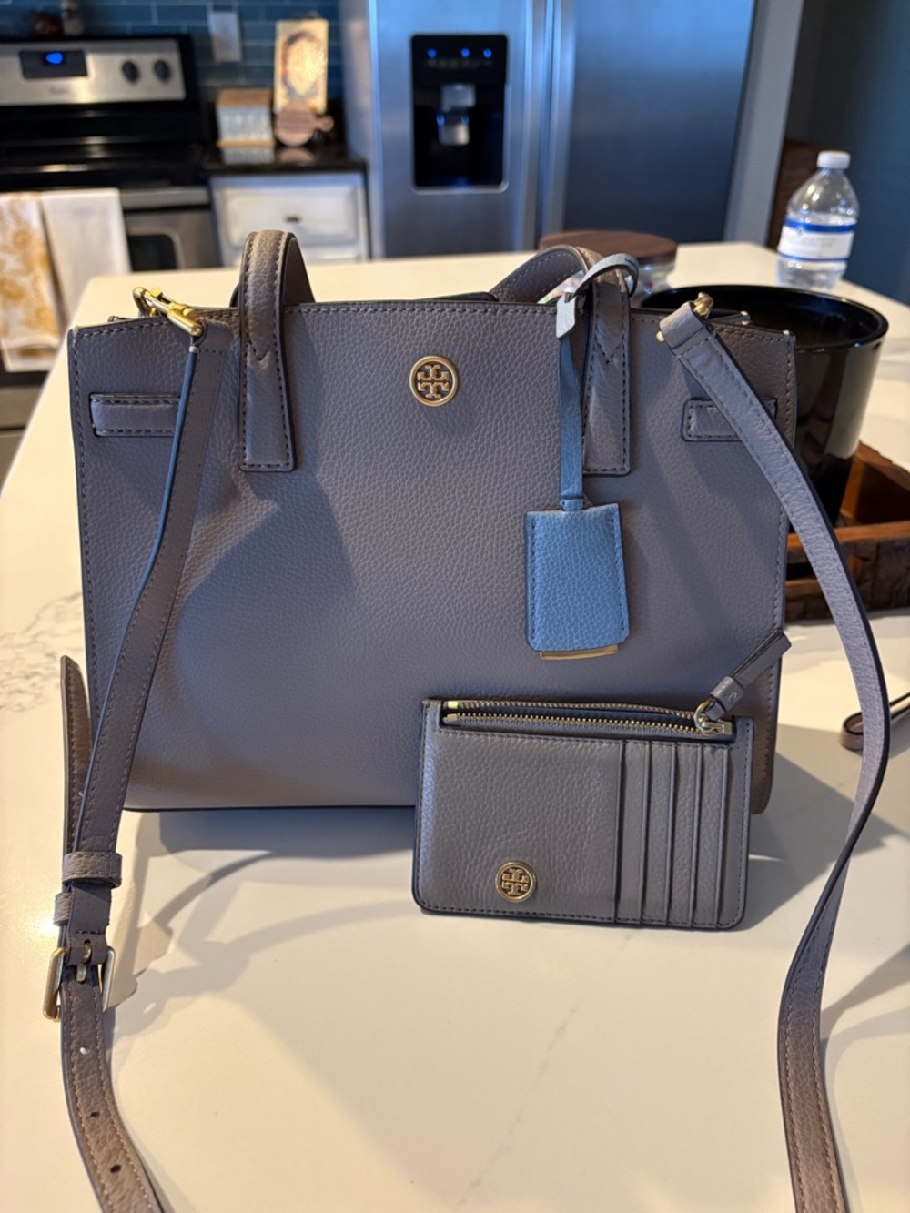 Tory Burch Leather Tote in Slate Gray with Card Case